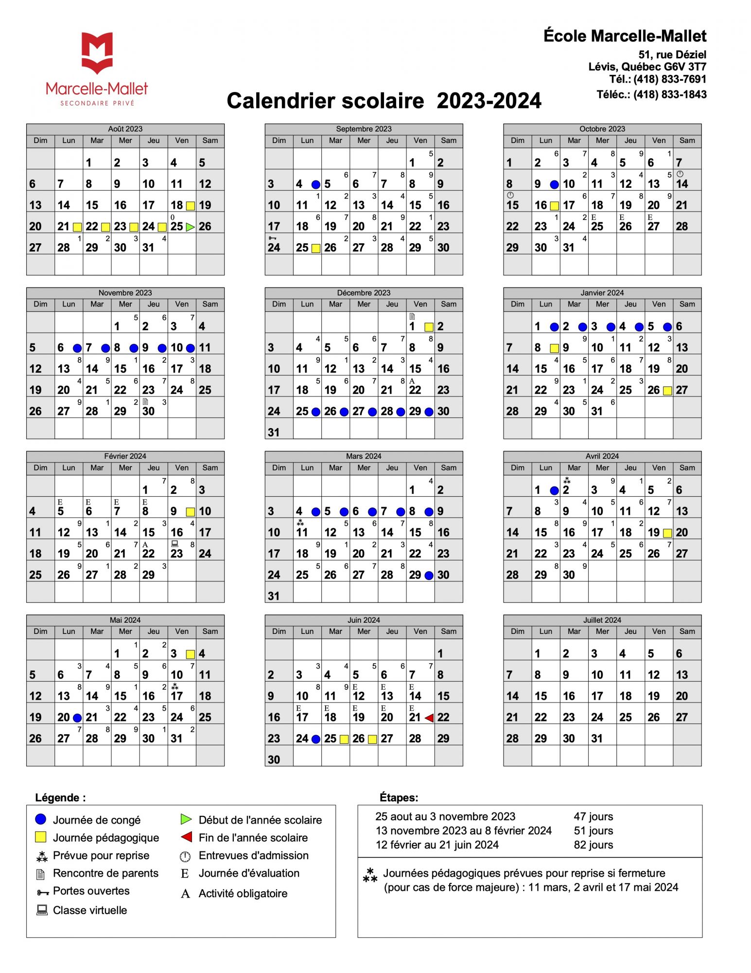Calendrier scolaire Études MarcelleMallet secondaire privée